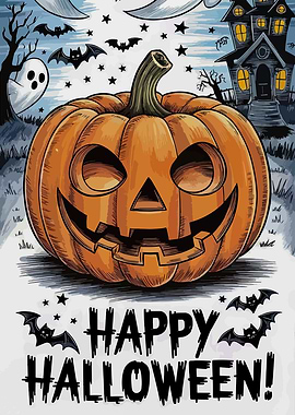 Happy Halloween Pumpkin with Haunted House
