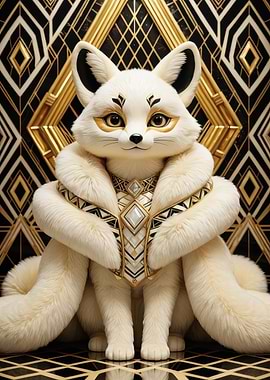 Regal Ivory Fox in Gold Art Deco Cloak
