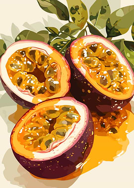 Passion Fruit Halves with Leaves