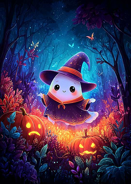 Cute Halloween Ghost with Pumpkins