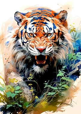 Roaring Tiger Watercolor Illustration