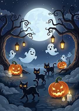 Magical Halloween Night – Black Cats, Pumpkins & Playful Ghosts