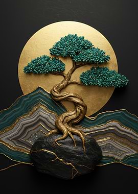 Golden Bonsai Tree with Agate Background