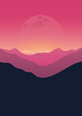 Pink Mountain Landscape with Moon