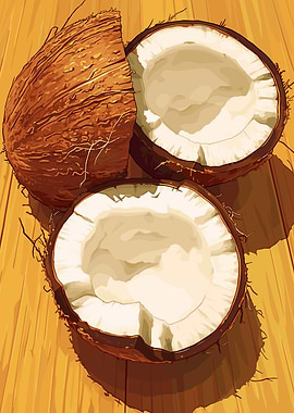 Coconut halves on wooden surface