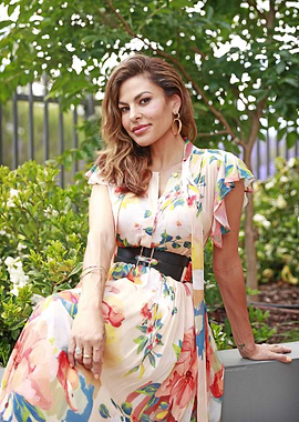 Eva Mendes in Floral Dress Outdoors