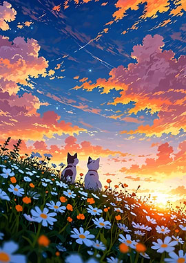Cats watching sunset in flower field