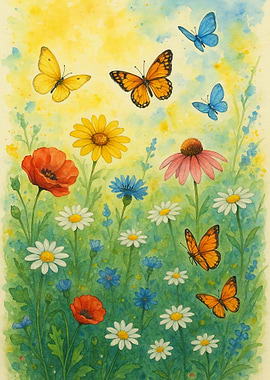 Watercolor Meadow with Butterflies and Flowers