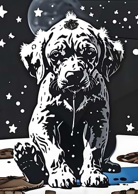 Monochrome Dog Portrait with Starry Background