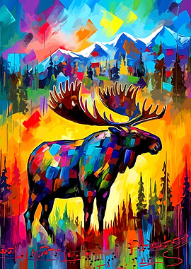Colorful Moose Landscape Painting