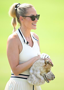 Blonde woman with dog head cover