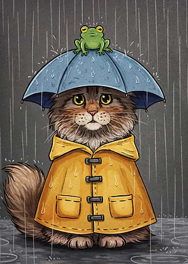 Cat in Raincoat with Frog