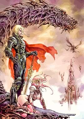 Fantasy Warrior, Elf, and Dragon Illustration