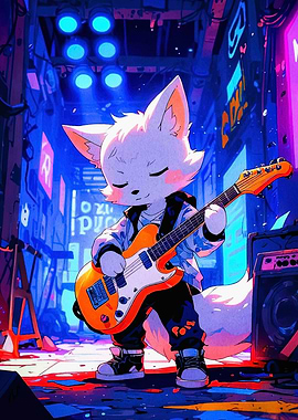 Anime Fox Playing Guitar in Cityscape