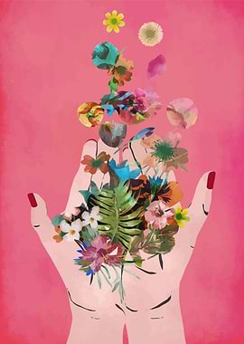 Hands Holding Flowers on Pink Background