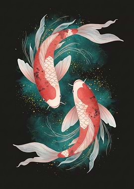 Two Koi Fish in Dark Water