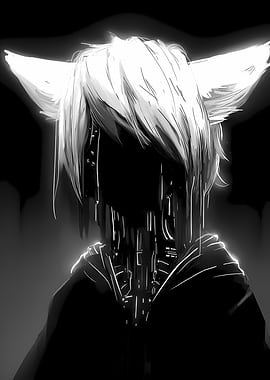 Monochrome Cybernetic Cat-Eared Figure