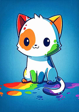 Colorful Cartoon Cat with Rainbow Paint