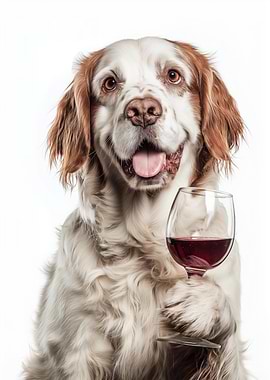 Clumber Spaniel dog with Wine Glass Portrait