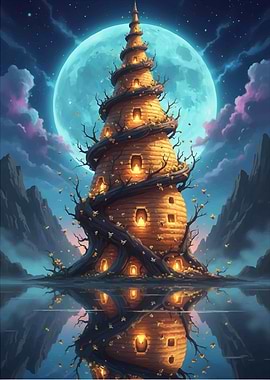 Fantasy Tower Under Moonlight Reflection