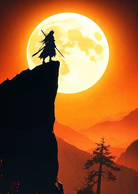 Silhouette of a Warrior Under the Moon