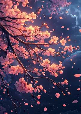 A glowing sakura branch with soft pink petals falling