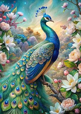 Peacock in Floral Paradise