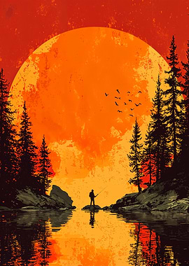 Silhouette Fisherman at Sunset Lake