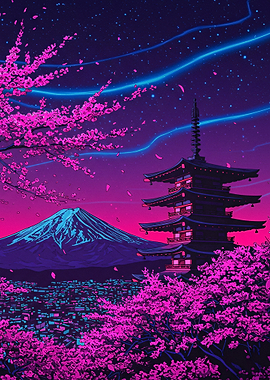Pixel Art Japanese Landscape with Cherry Blossoms