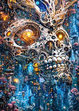 Cyberpunk Cityscape with Mechanical Structures