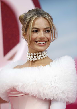 Margot Robbie smiling in pink dress