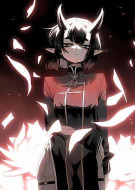 Anime Girl with Horns and Flowers