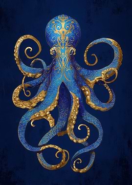 Ornate Blue and Gold Octopus Illustration