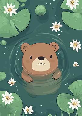 Cute Bear Swimming in Lily Pond