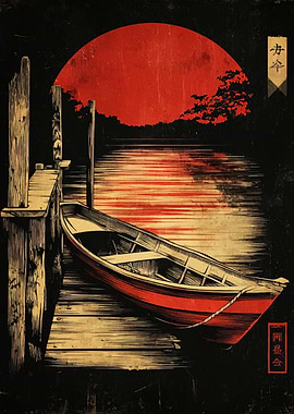 Red Boat on Dock with Rising Sun