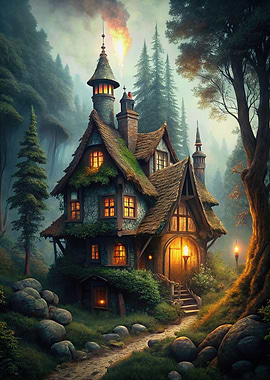 Enchanted Cottage in Misty Forest
