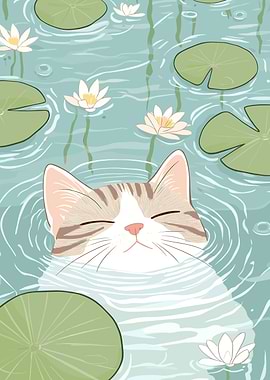 Cat in Water Lilies Pond Illustration