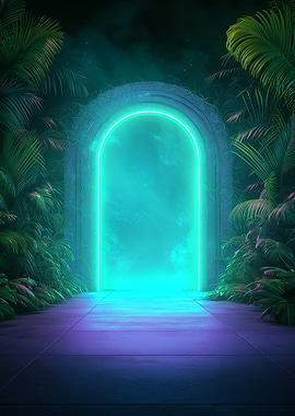 A glowing portal opening in a misty alien jungle