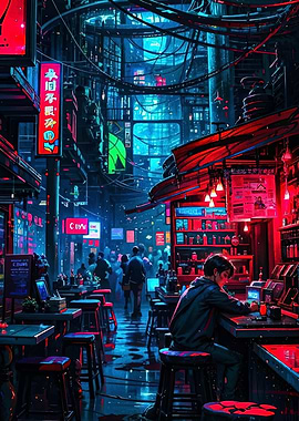 Cyberpunk Cityscape Bar Scene