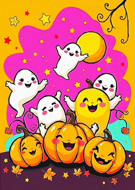 Cute Halloween Ghosts and Pumpkins Illustration