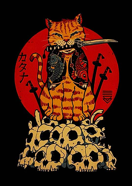 Samurai Cat on Skulls with Katana