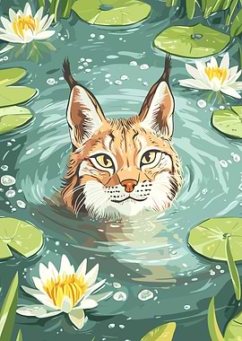 Lynx in Water Lily Pond Illustration