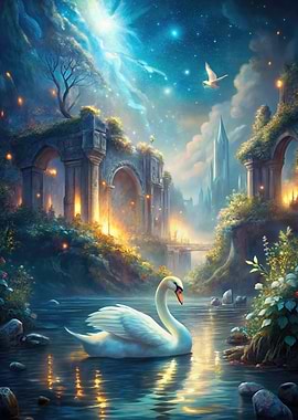 Swan in Fantasy Landscape with Ruins
