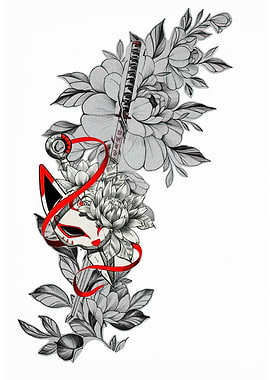 Kitsune Mask with Sword and Flowers