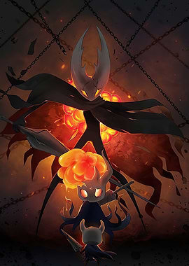 Hollow Knight characters in fiery scene