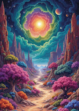 Colorful Fantasy Landscape with Cosmic Sky