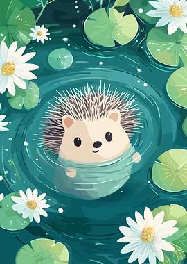 Cute Hedgehog Swimming in a Pond