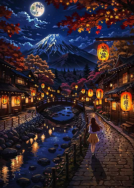 Japanese Street at Night with Mount Fuji