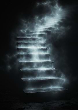 A glowing staircase floating upward into a dark void