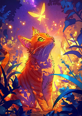 Orange Cat Gazing at Butterfly